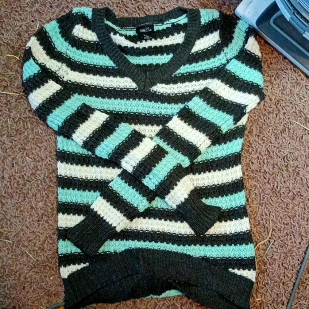 Rue 21 sweater stripe cute winter blue white grey knitted soft